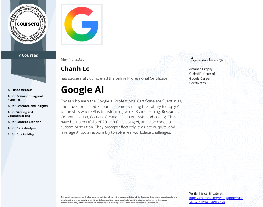 Google AI Professional Certificate - Chanh Le